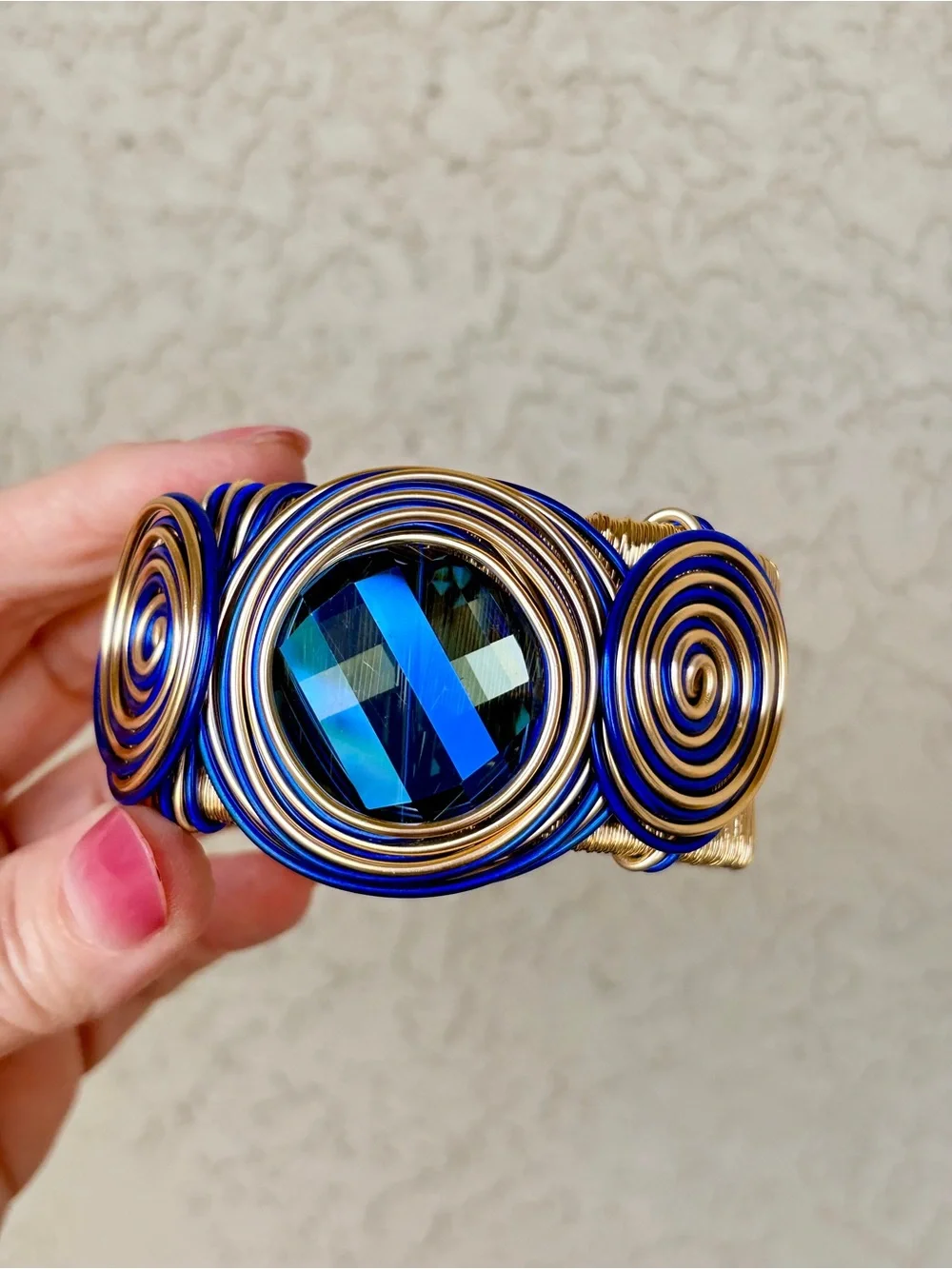 Sparkling Blue and Gold Wire Wrapped Cuff Bracelet